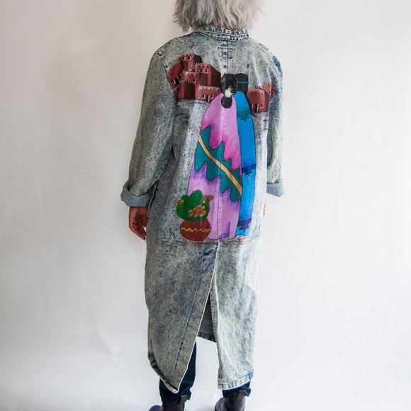 80s Acid Wash Hand Painted Southwestern Duster L L - Picture 2 of 11